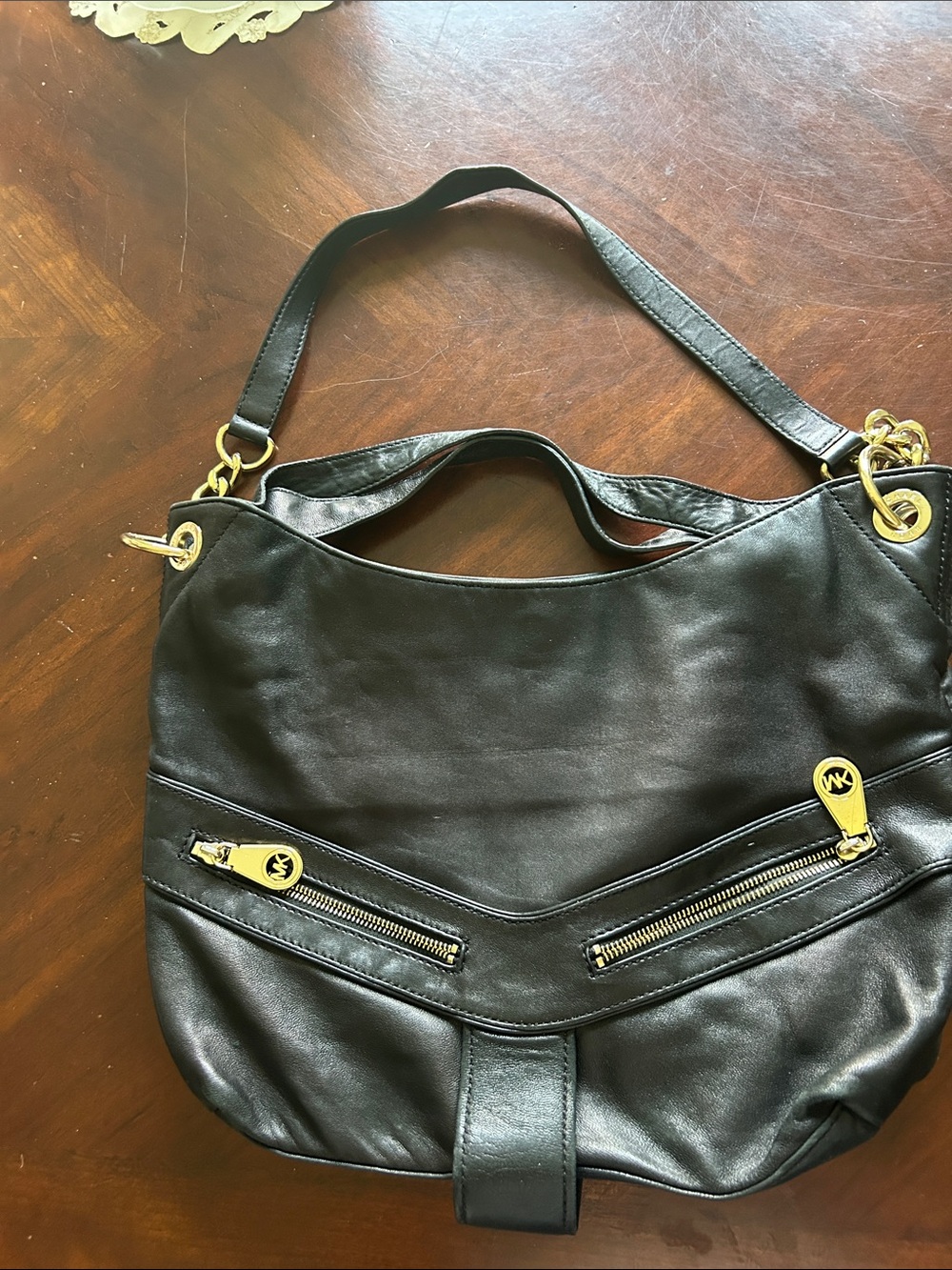 Michael Kors Black Leather Shoulder Bag with Gold-Tone Accents